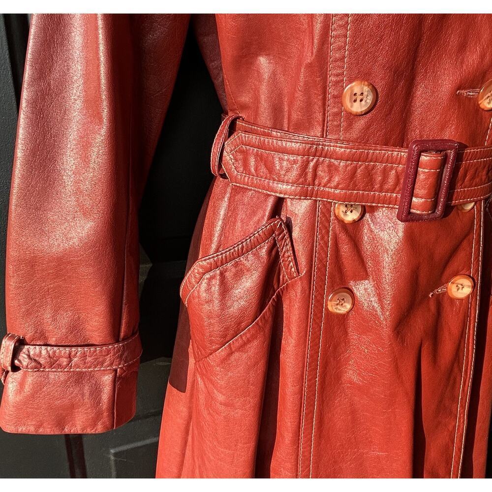 VTG 70s Sears JR Bazaar Leather Trench Coat Women's 7 Rust Red Retro Chic Disco - Picture 8 of 16